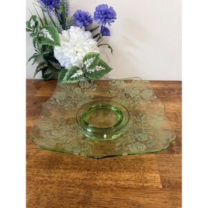 Vintage Green Etched Glass Footed Plate Floral Design Serving Platter‎